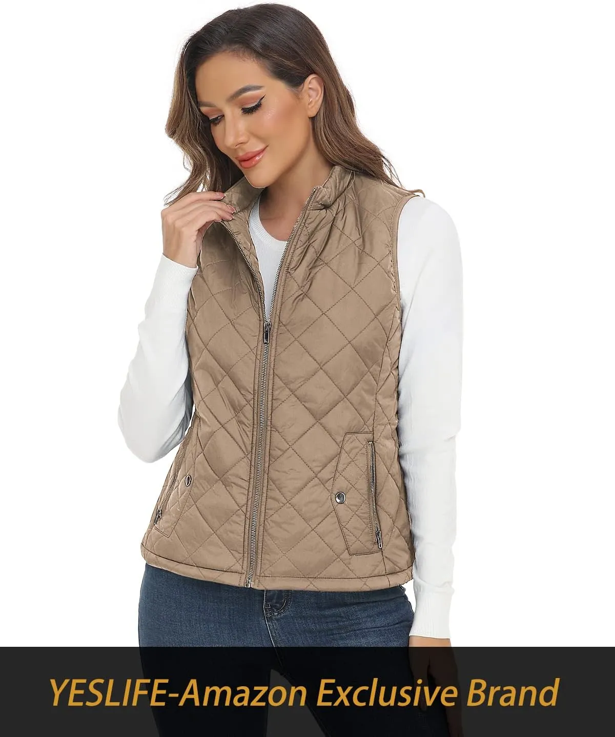 YESLIFE 2024 Women's Outwear Quilted Vest With One Inside Pocket - Stand Collar Lightweight Padded Gilet for Women
