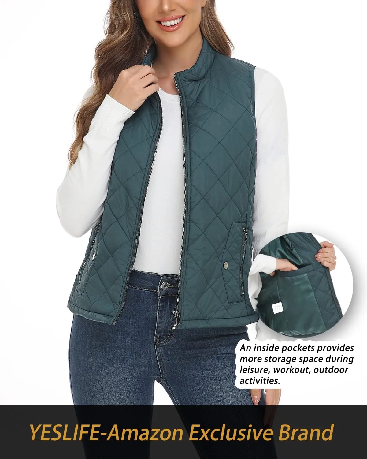 YESLIFE 2024 Women's Outwear Quilted Vest With One Inside Pocket - Stand Collar Lightweight Padded Gilet for Women