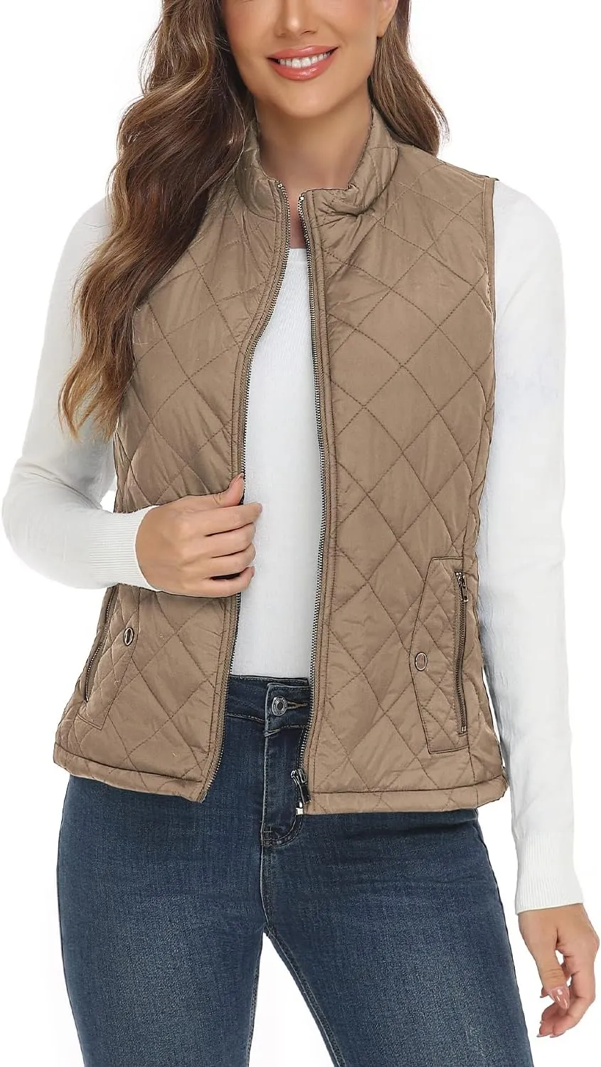 YESLIFE 2024 Women's Outwear Quilted Vest With One Inside Pocket - Stand Collar Lightweight Padded Gilet for Women