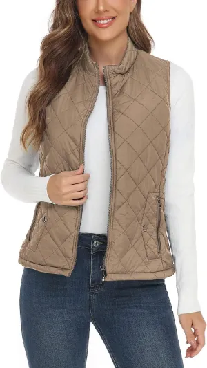 YESLIFE 2024 Women's Outwear Quilted Vest With One Inside Pocket - Stand Collar Lightweight Padded Gilet for Women