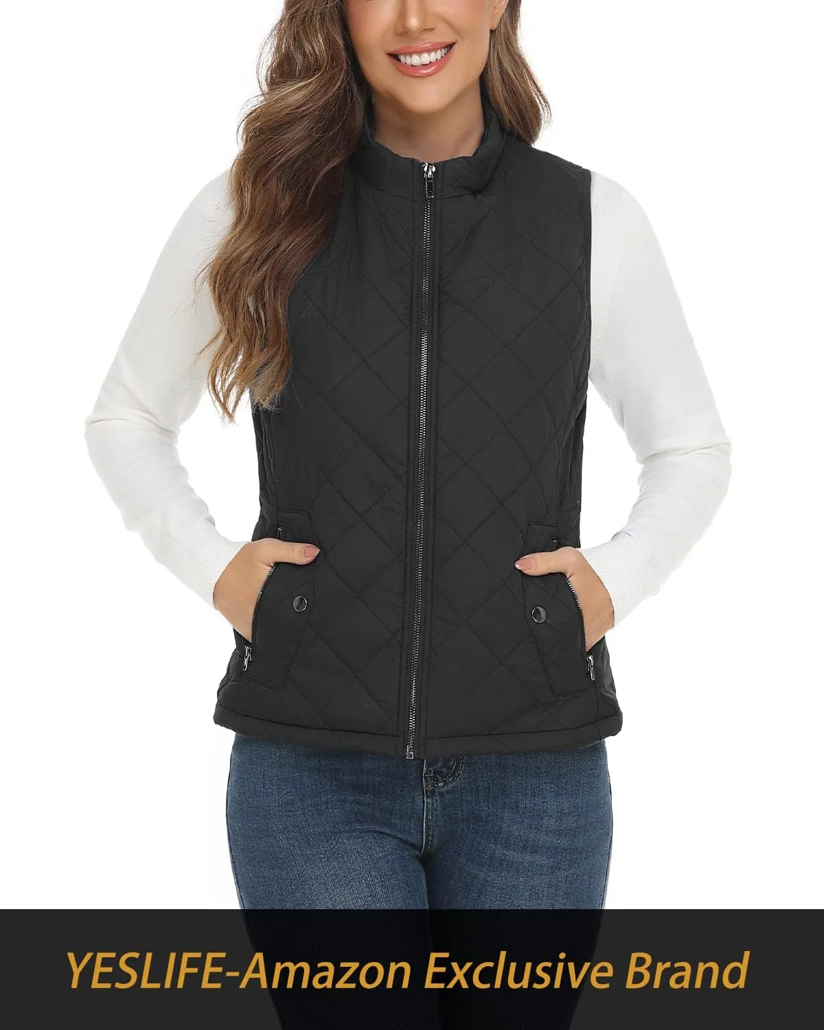 YESLIFE 2024 Women's Outwear Quilted Vest With One Inside Pocket - Stand Collar Lightweight Padded Gilet for Women