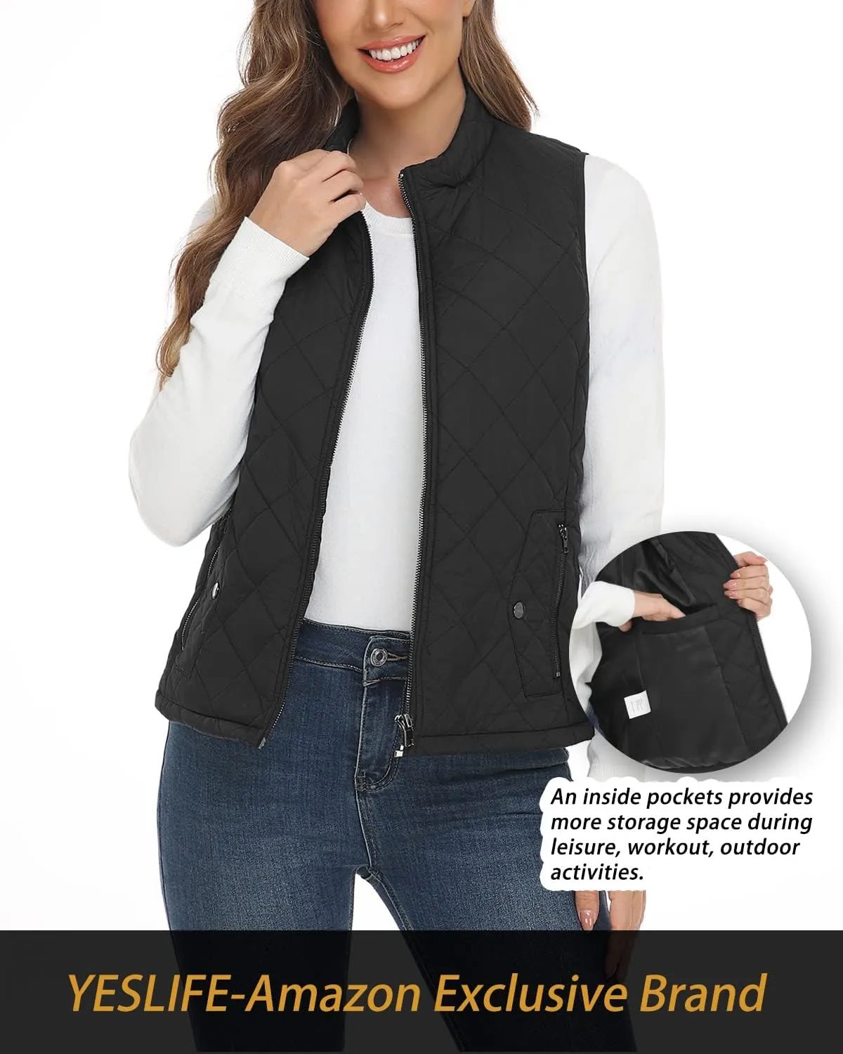 YESLIFE 2024 Women's Outwear Quilted Vest With One Inside Pocket - Stand Collar Lightweight Padded Gilet for Women