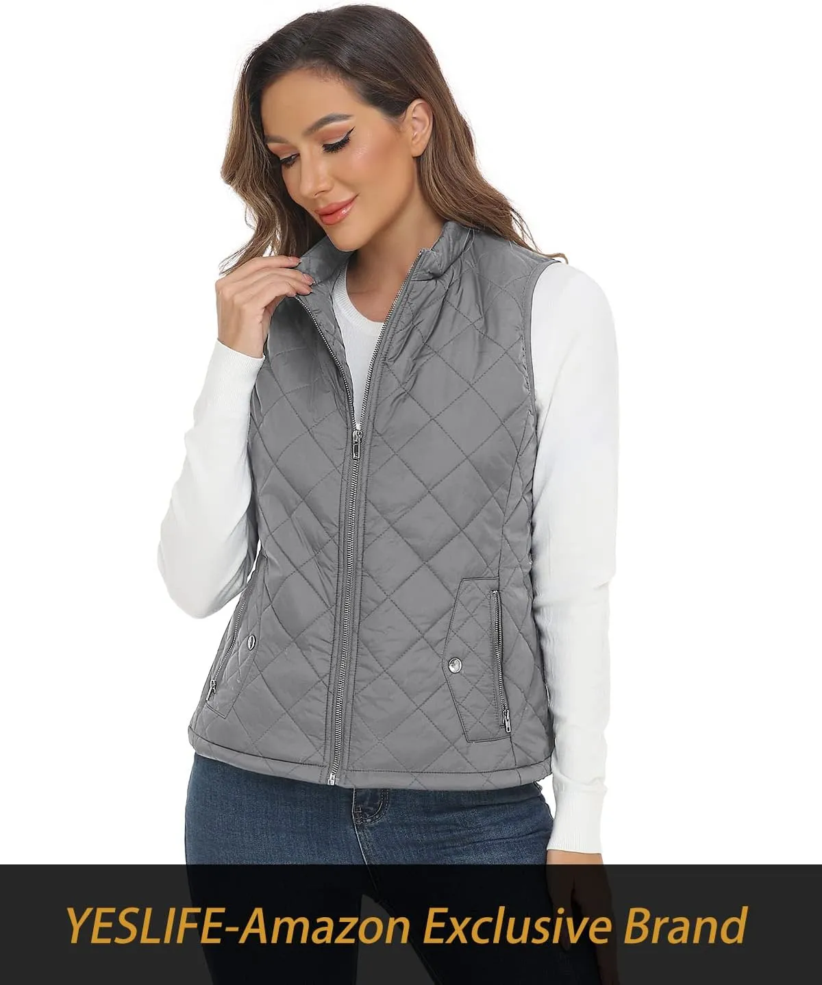 YESLIFE 2024 Women's Outwear Quilted Vest With One Inside Pocket - Stand Collar Lightweight Padded Gilet for Women