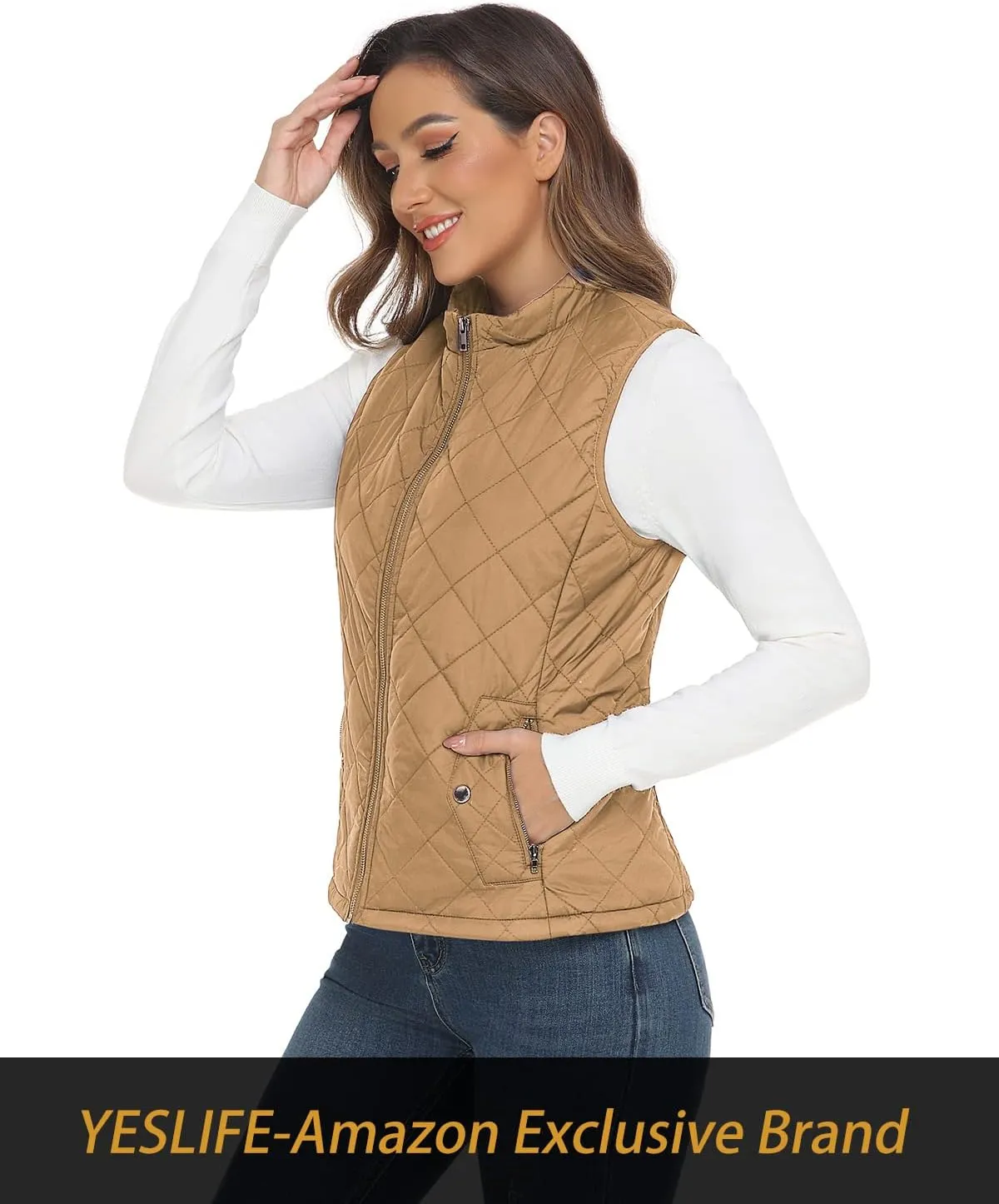 YESLIFE 2024 Women's Outwear Quilted Vest With One Inside Pocket - Stand Collar Lightweight Padded Gilet for Women