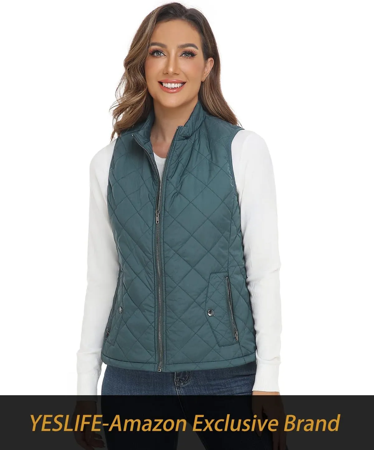 YESLIFE 2024 Women's Outwear Quilted Vest With One Inside Pocket - Stand Collar Lightweight Padded Gilet for Women