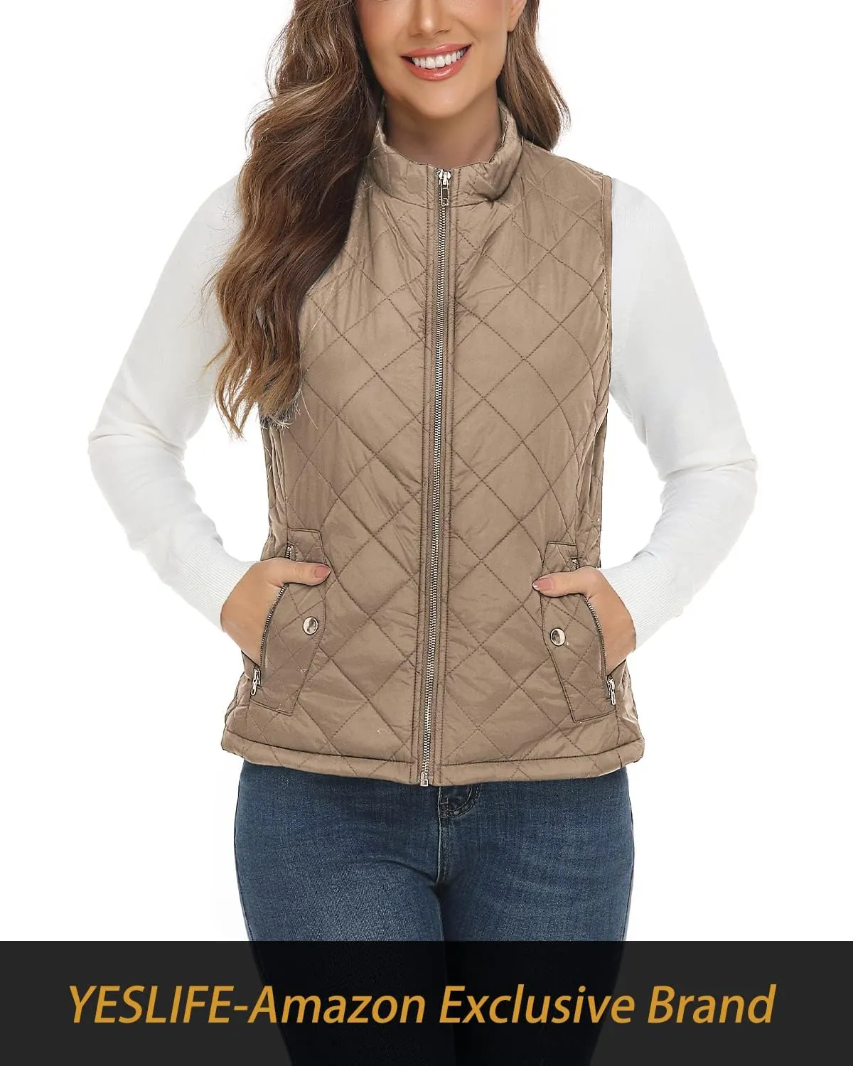 YESLIFE 2024 Women's Outwear Quilted Vest With One Inside Pocket - Stand Collar Lightweight Padded Gilet for Women
