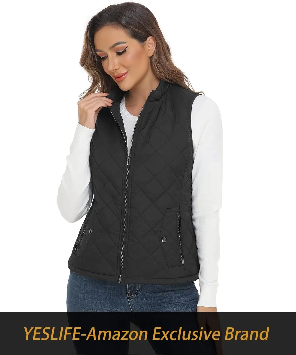 YESLIFE 2024 Women's Outwear Quilted Vest With One Inside Pocket - Stand Collar Lightweight Padded Gilet for Women