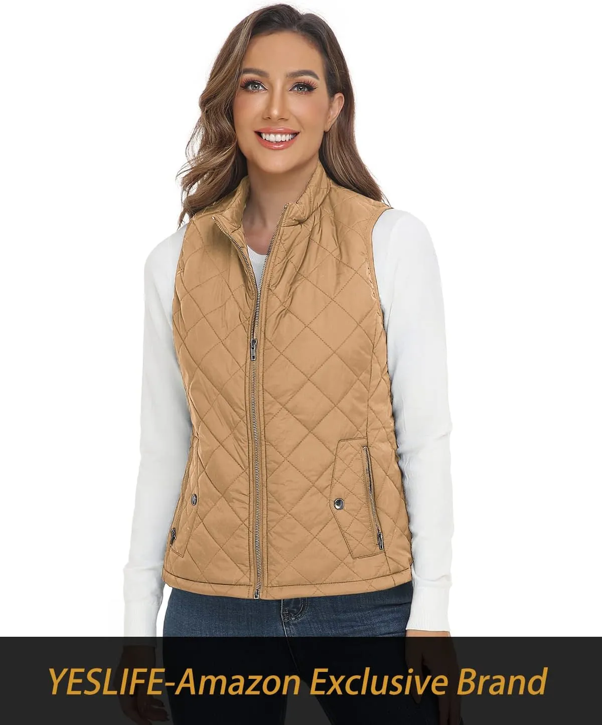 YESLIFE 2024 Women's Outwear Quilted Vest With One Inside Pocket - Stand Collar Lightweight Padded Gilet for Women