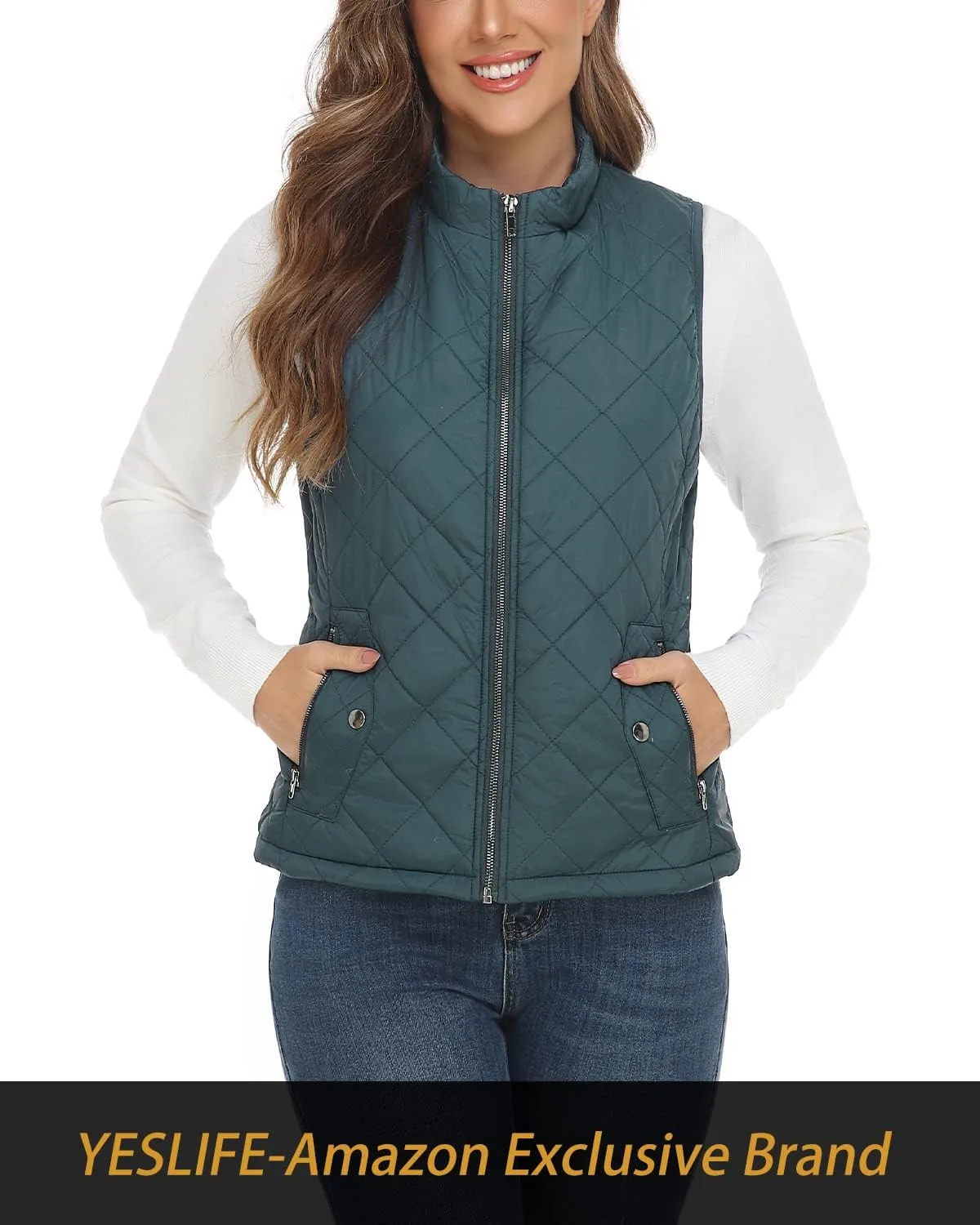 YESLIFE 2024 Women's Outwear Quilted Vest With One Inside Pocket - Stand Collar Lightweight Padded Gilet for Women