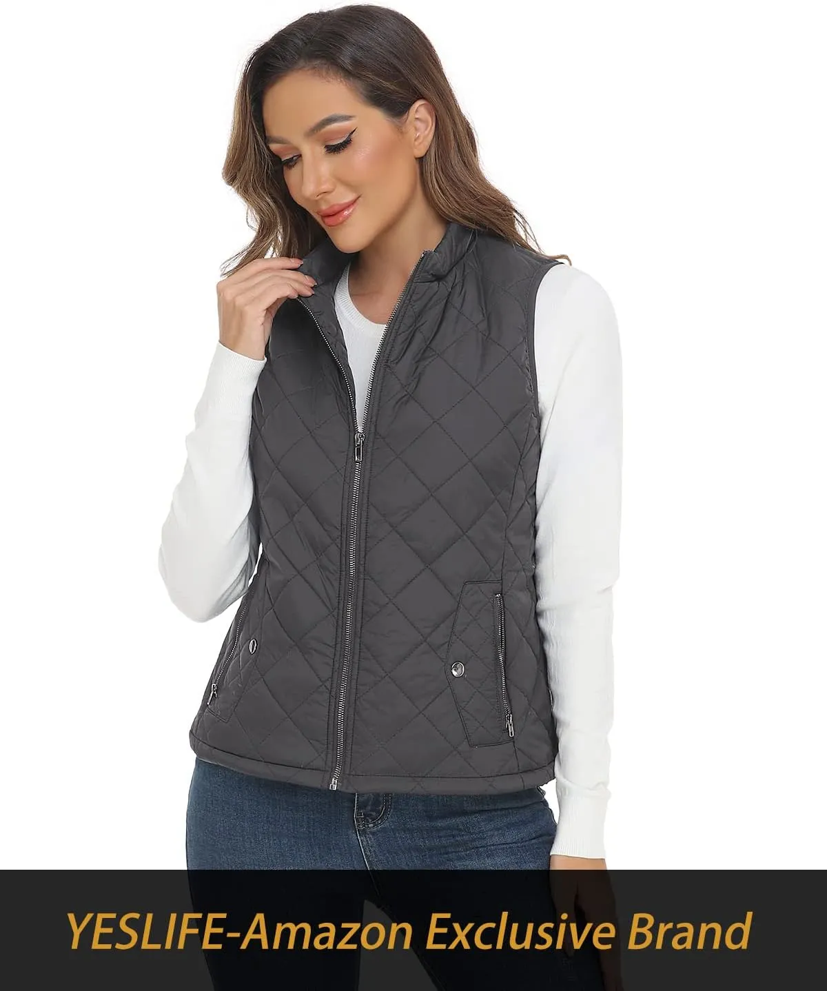 YESLIFE 2024 Women's Outwear Quilted Vest With One Inside Pocket - Stand Collar Lightweight Padded Gilet for Women
