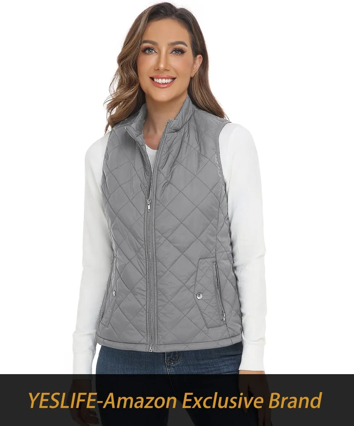 YESLIFE 2024 Women's Outwear Quilted Vest With One Inside Pocket - Stand Collar Lightweight Padded Gilet for Women