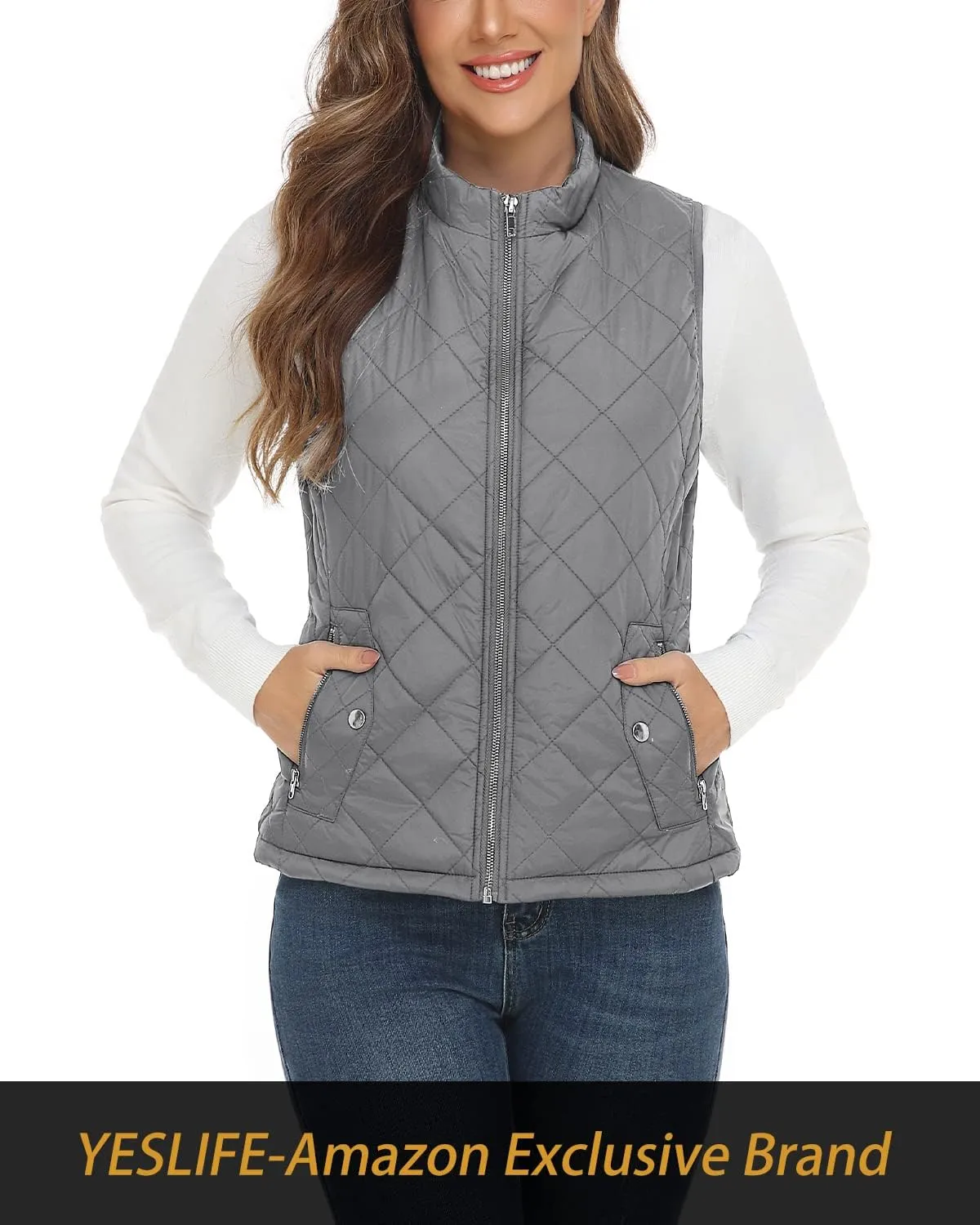 YESLIFE 2024 Women's Outwear Quilted Vest With One Inside Pocket - Stand Collar Lightweight Padded Gilet for Women