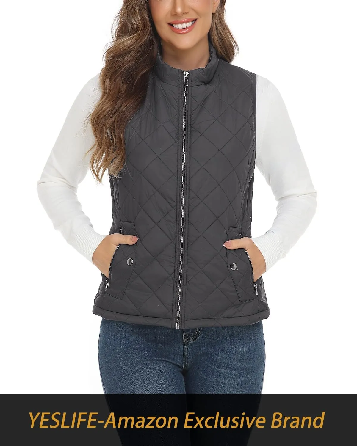 YESLIFE 2024 Women's Outwear Quilted Vest With One Inside Pocket - Stand Collar Lightweight Padded Gilet for Women