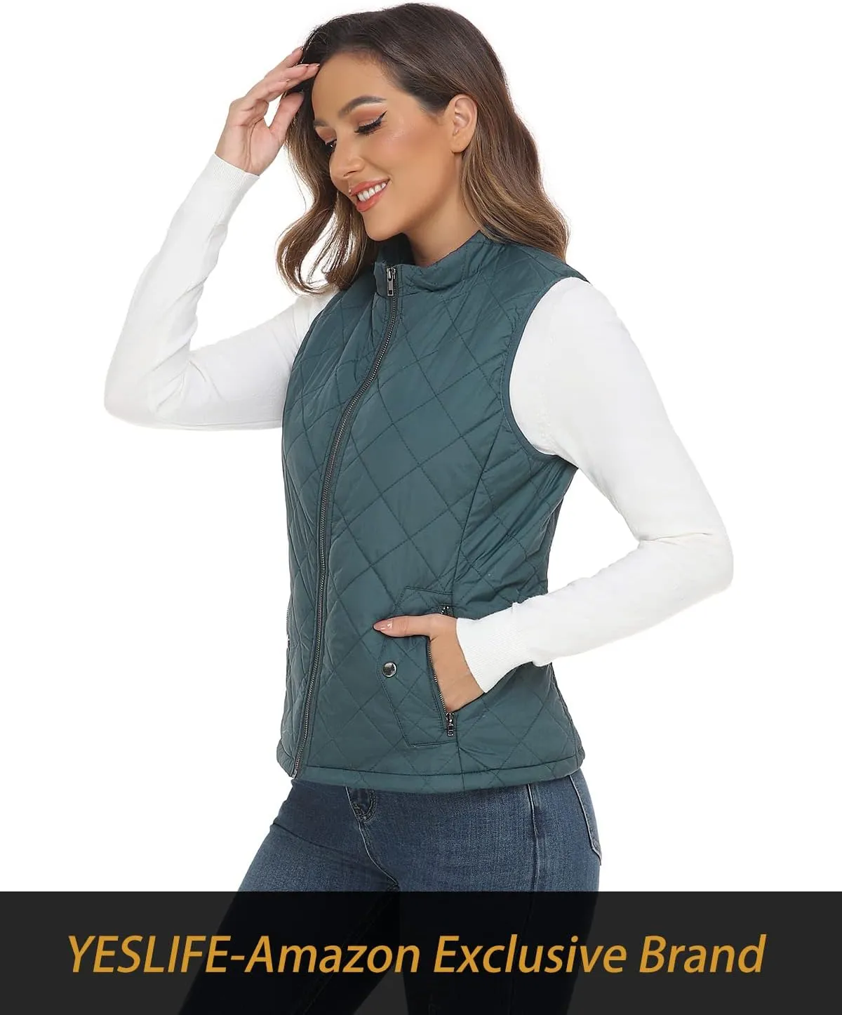YESLIFE 2024 Women's Outwear Quilted Vest With One Inside Pocket - Stand Collar Lightweight Padded Gilet for Women
