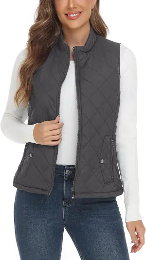 YESLIFE 2024 Women's Outwear Quilted Vest With One Inside Pocket - Stand Collar Lightweight Padded Gilet for Women