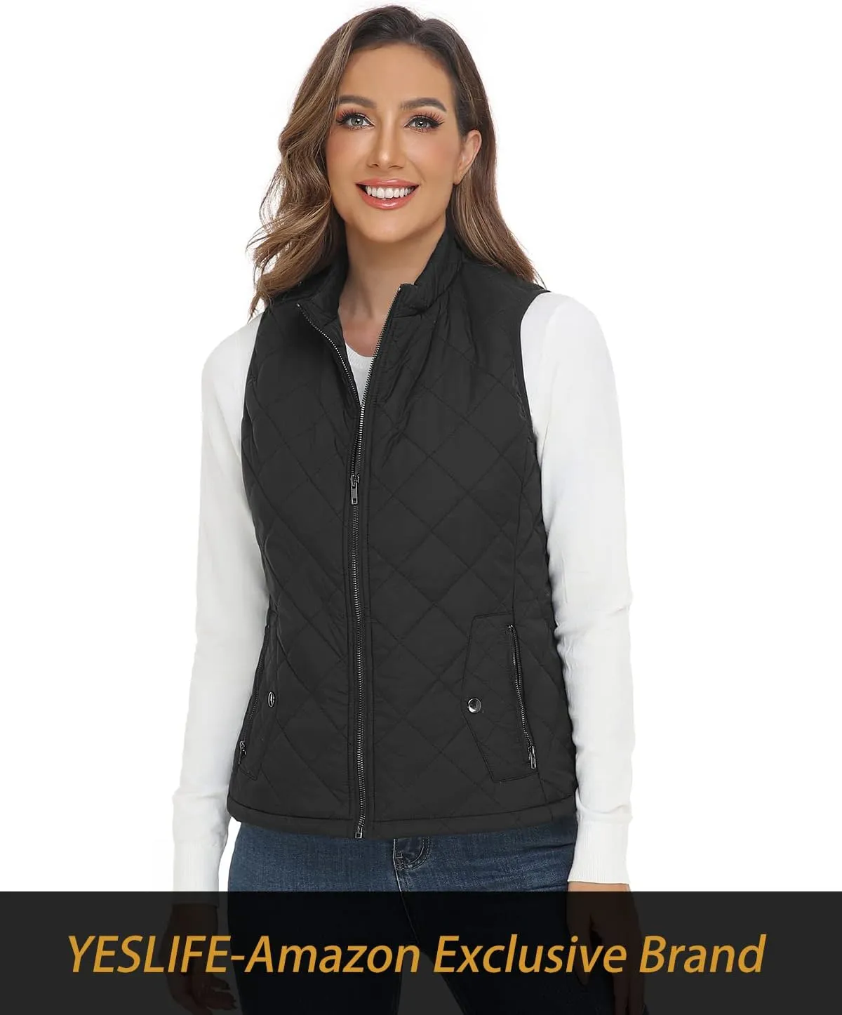 YESLIFE 2024 Women's Outwear Quilted Vest With One Inside Pocket - Stand Collar Lightweight Padded Gilet for Women