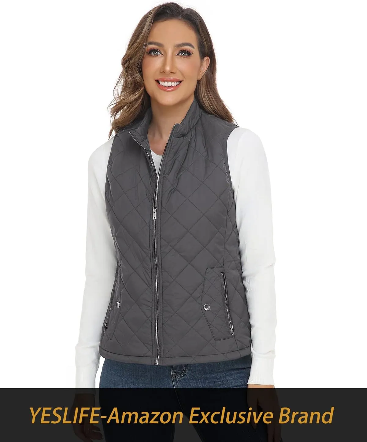YESLIFE 2024 Women's Outwear Quilted Vest With One Inside Pocket - Stand Collar Lightweight Padded Gilet for Women