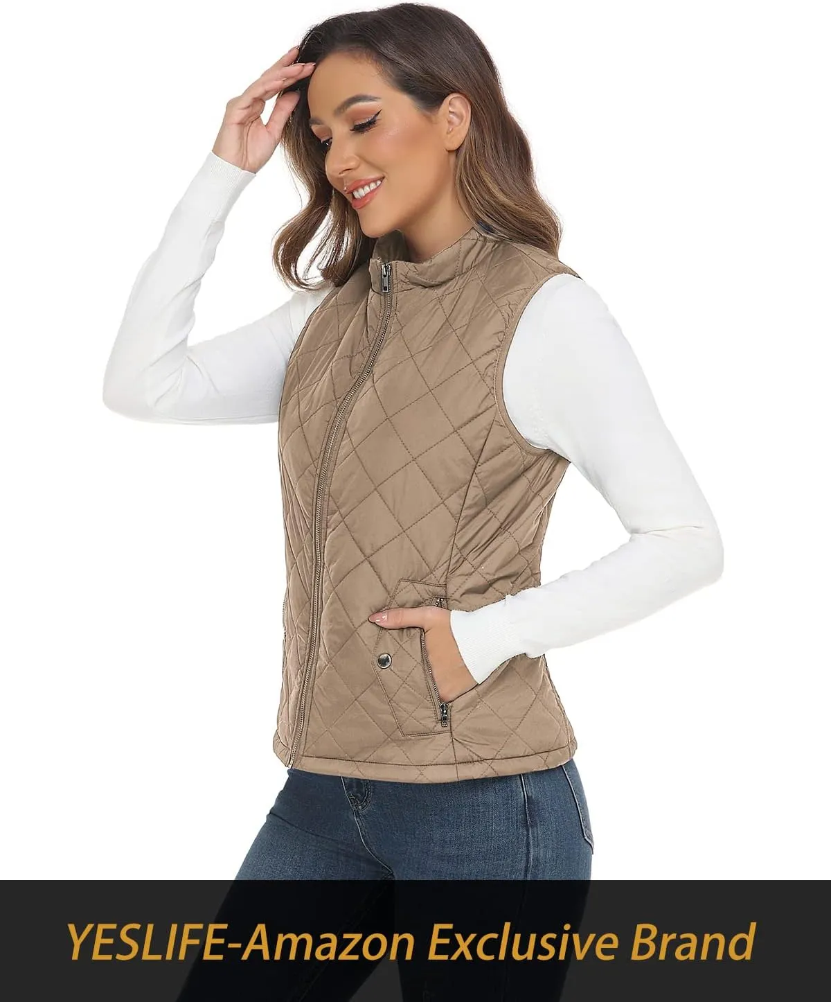 YESLIFE 2024 Women's Outwear Quilted Vest With One Inside Pocket - Stand Collar Lightweight Padded Gilet for Women