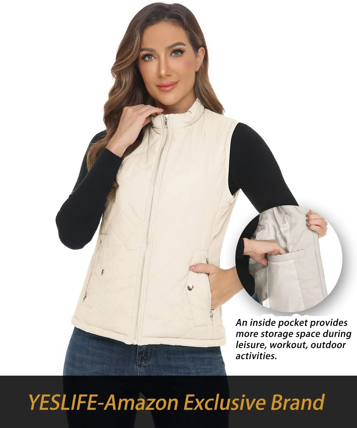 YESLIFE 2024 Women's Outwear Quilted Vest With One Inside Pocket - Stand Collar Lightweight Padded Gilet for Women