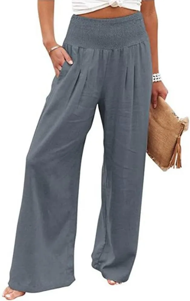 yoeasy Women Summer High Waisted Cotton Linen Palazzo Pants Wide Leg Long Trousers with Pocket