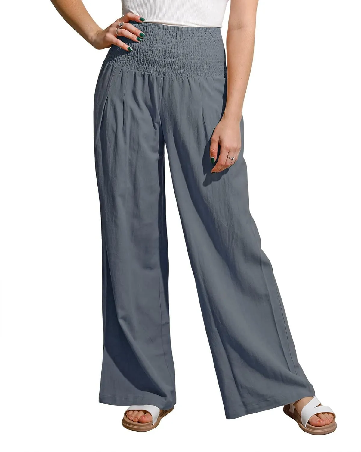 yoeasy Women Summer High Waisted Cotton Linen Palazzo Pants Wide Leg Long Trousers with Pocket
