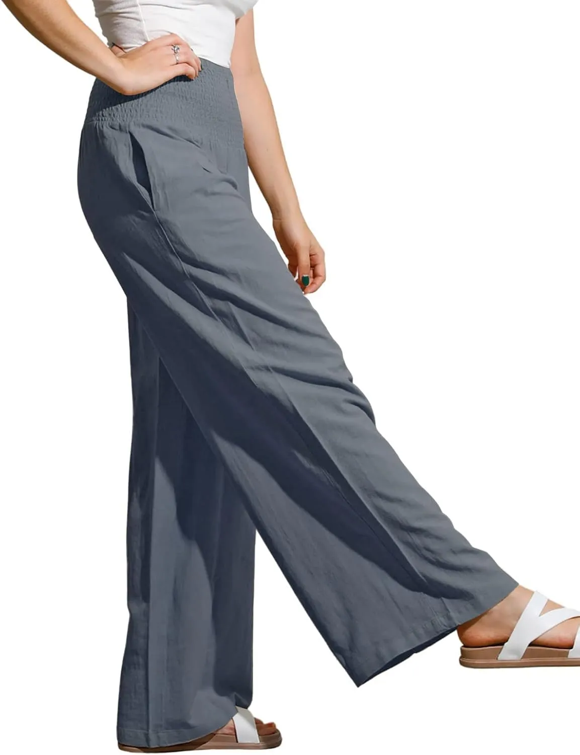 yoeasy Women Summer High Waisted Cotton Linen Palazzo Pants Wide Leg Long Trousers with Pocket