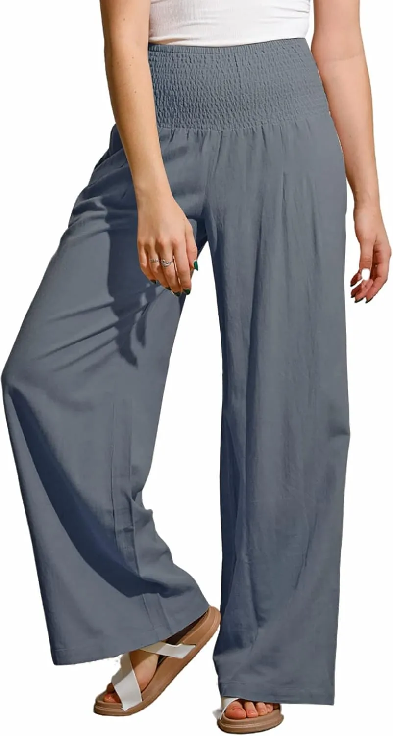 yoeasy Women Summer High Waisted Cotton Linen Palazzo Pants Wide Leg Long Trousers with Pocket