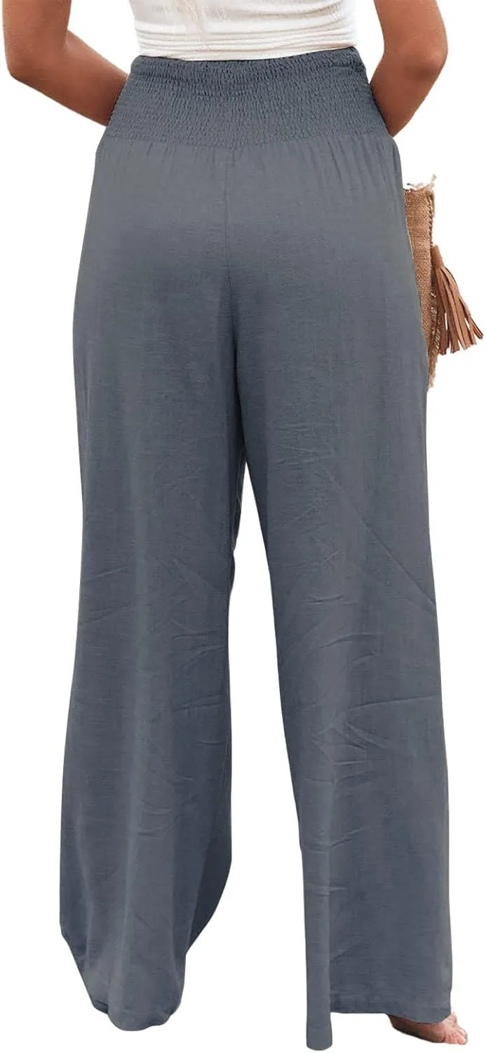 yoeasy Women Summer High Waisted Cotton Linen Palazzo Pants Wide Leg Long Trousers with Pocket