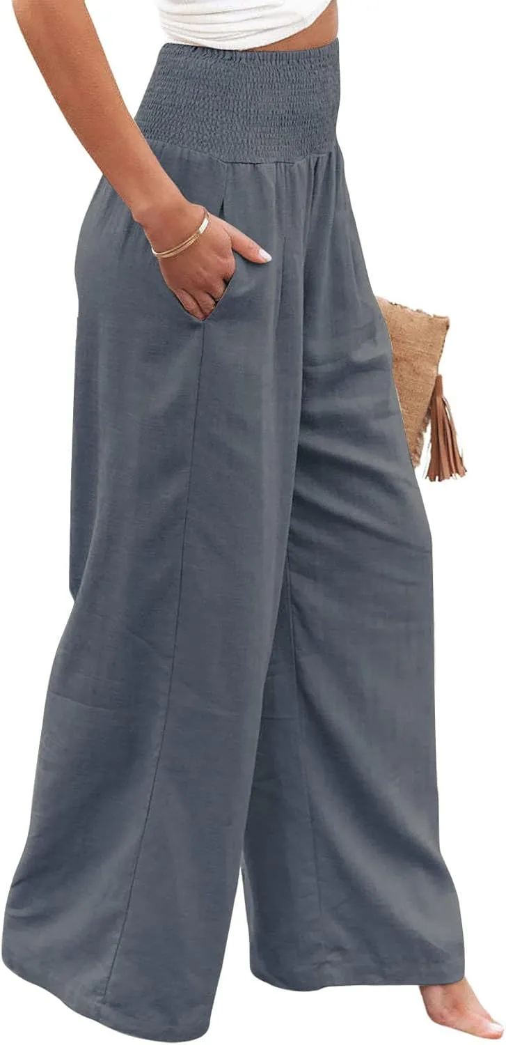 yoeasy Women Summer High Waisted Cotton Linen Palazzo Pants Wide Leg Long Trousers with Pocket