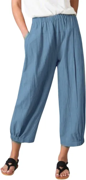 yoeasy Women's Linen Ankle Capris Trousers Loose Comfy Lounge Elastic Waist Pants with Pockets