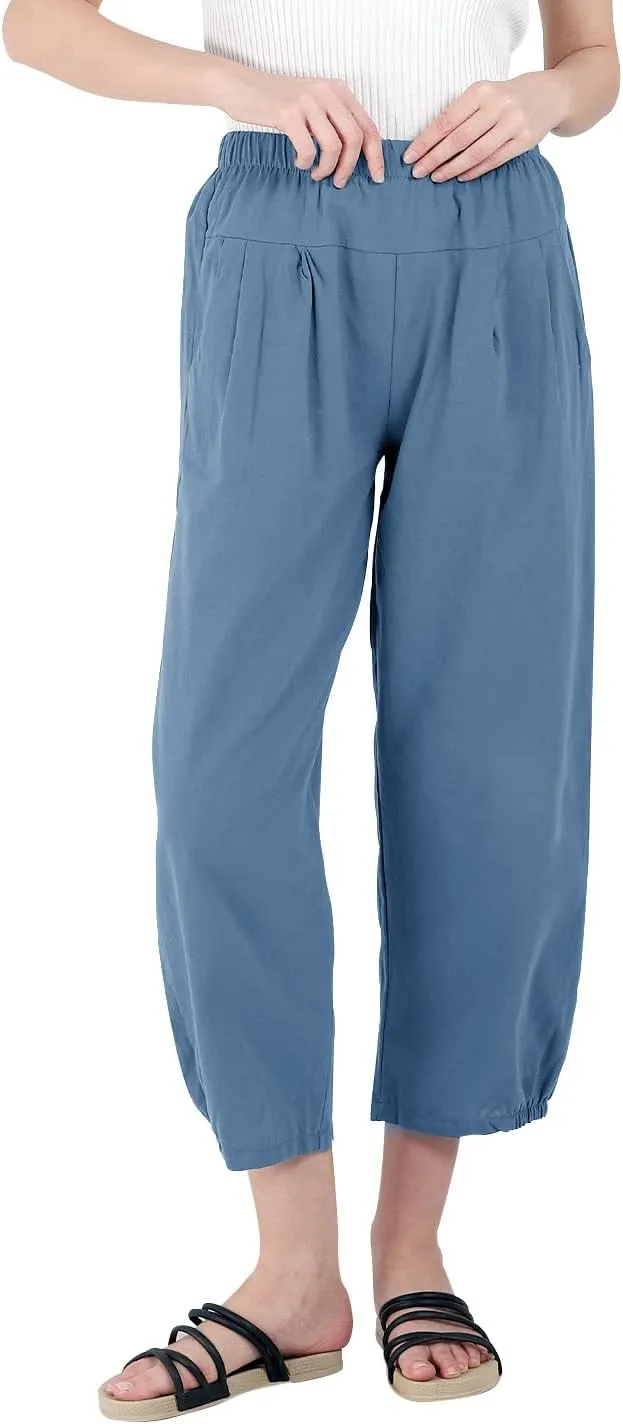 yoeasy Women's Linen Ankle Capris Trousers Loose Comfy Lounge Elastic Waist Pants with Pockets