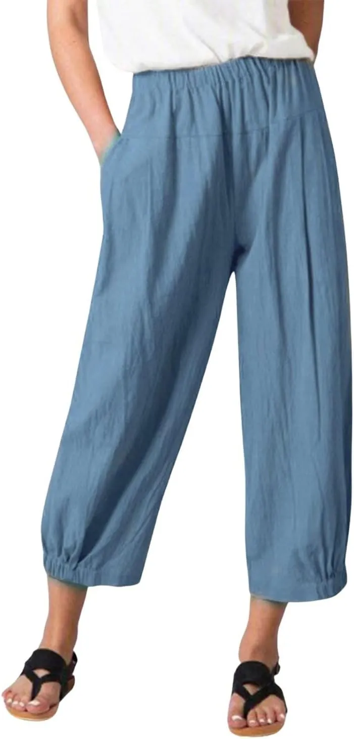 yoeasy Women's Linen Ankle Capris Trousers Loose Comfy Lounge Elastic Waist Pants with Pockets