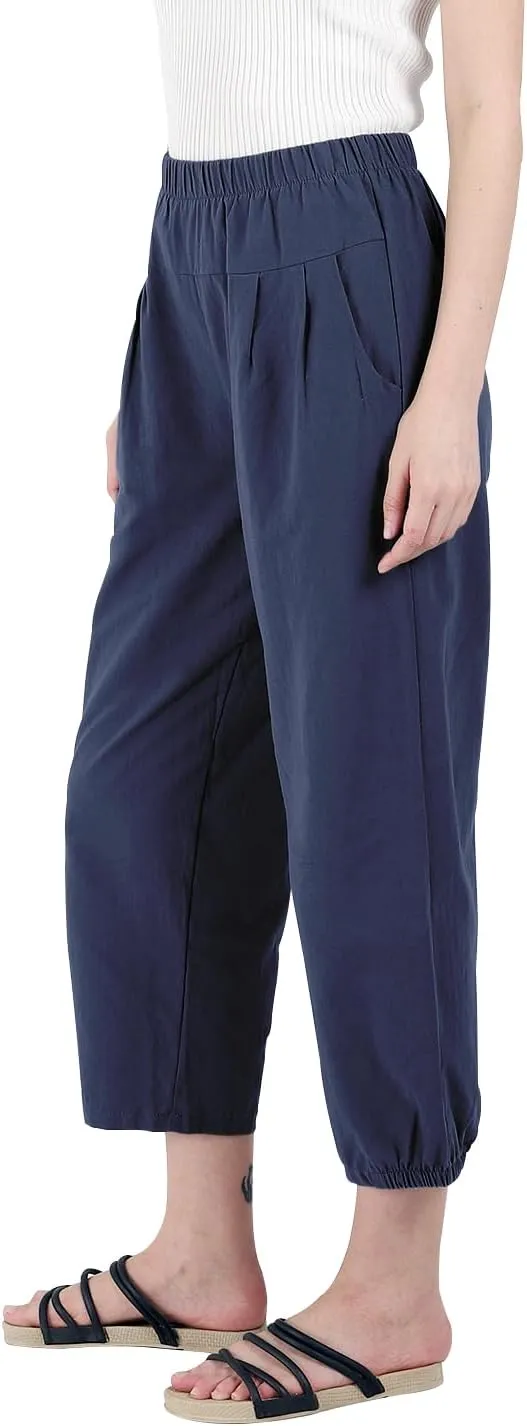 yoeasy Women's Linen Ankle Capris Trousers Loose Comfy Lounge Elastic Waist Pants with Pockets