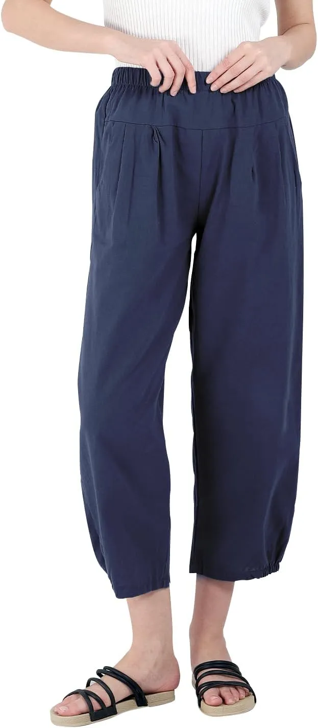 yoeasy Women's Linen Ankle Capris Trousers Loose Comfy Lounge Elastic Waist Pants with Pockets