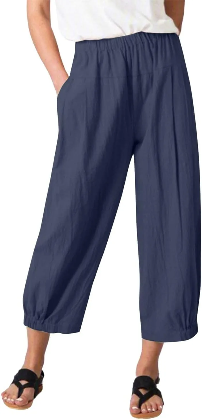 yoeasy Women's Linen Ankle Capris Trousers Loose Comfy Lounge Elastic Waist Pants with Pockets