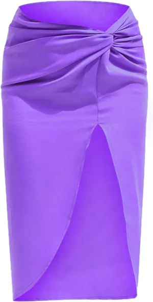 yoeasy Women's Pleated Asymmetrical Split Midi Satin Ruched Skirt High Waist Bodycon Midi Skirt