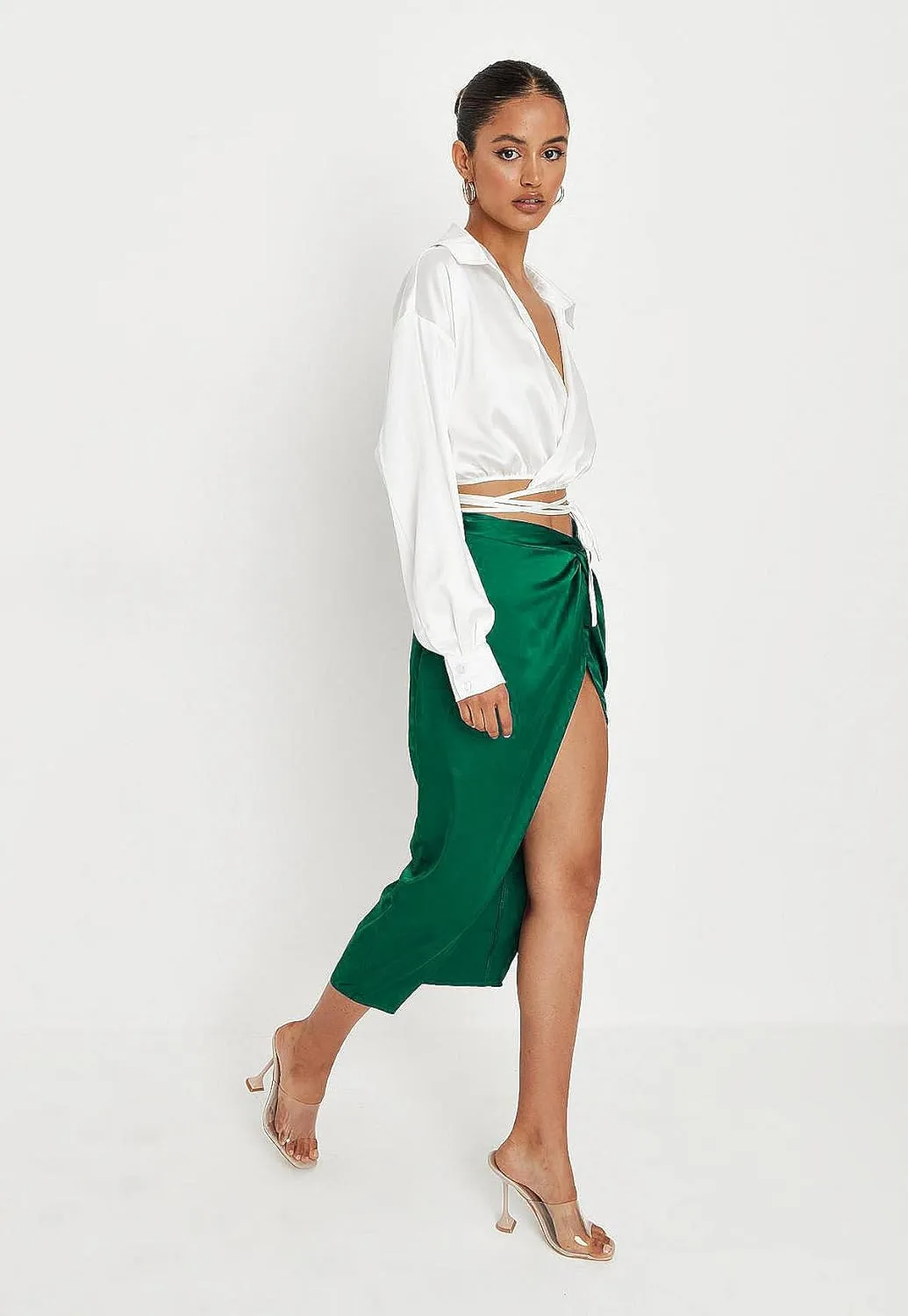 yoeasy Women's Pleated Asymmetrical Split Midi Satin Ruched Skirt High Waist Bodycon Midi Skirt