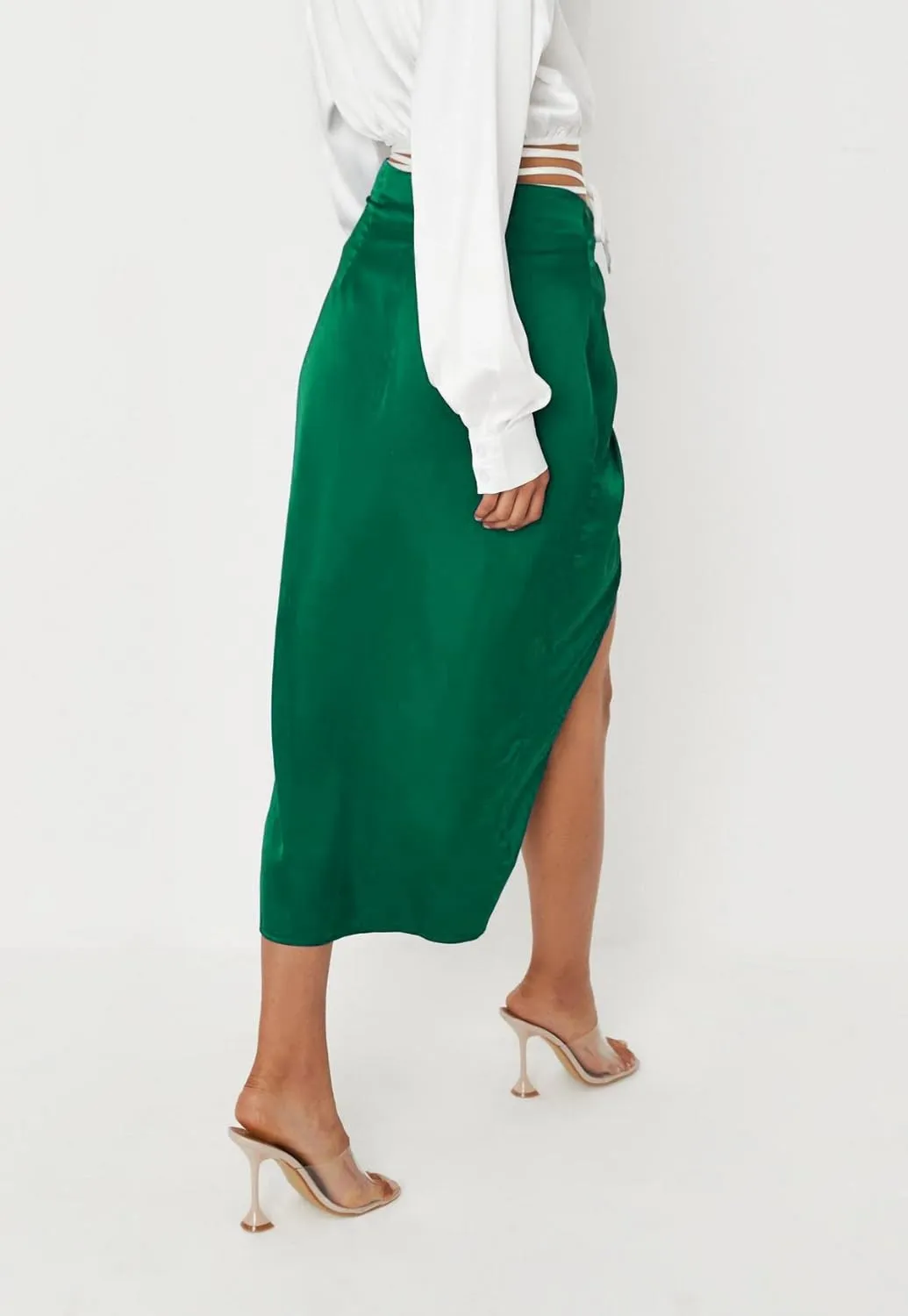 yoeasy Women's Pleated Asymmetrical Split Midi Satin Ruched Skirt High Waist Bodycon Midi Skirt