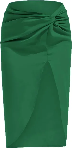 yoeasy Women's Pleated Asymmetrical Split Midi Satin Ruched Skirt High Waist Bodycon Midi Skirt