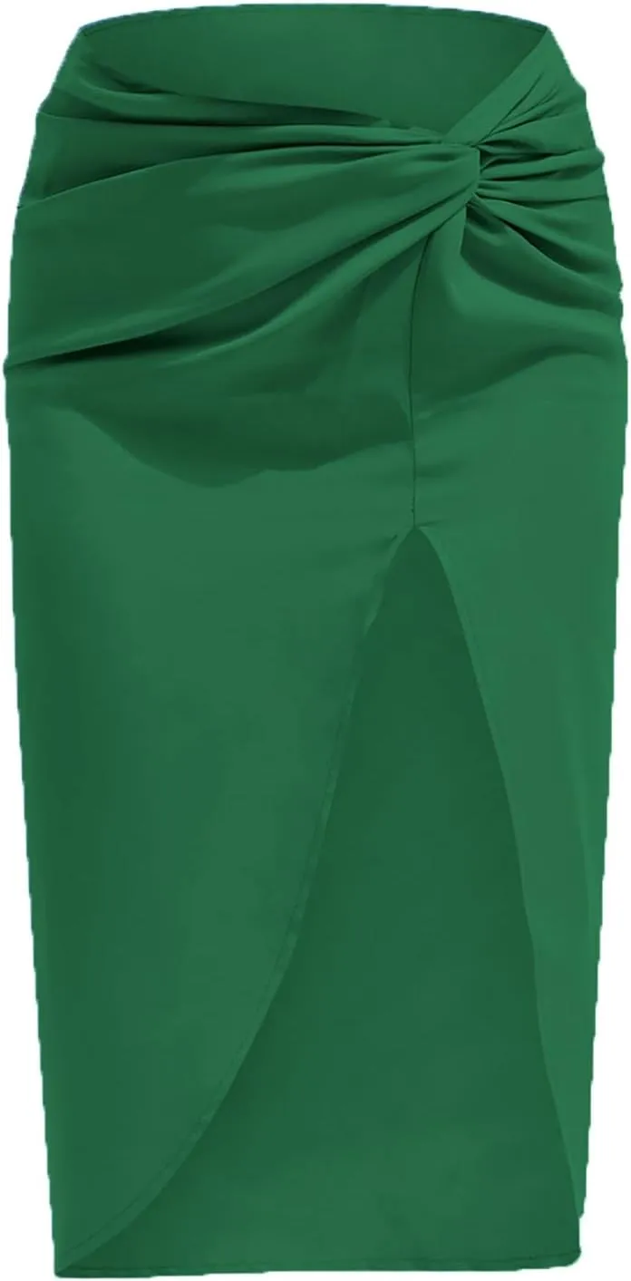 yoeasy Women's Pleated Asymmetrical Split Midi Satin Ruched Skirt High Waist Bodycon Midi Skirt