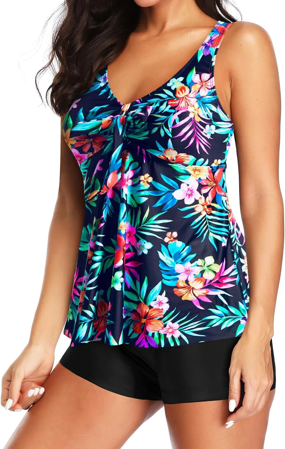 Yonique Women 2 Piece Flowy Tankini Swimsuits with Boyshorts V Neck Swim Tank Tops Bathing Suits Modest Swimwear
