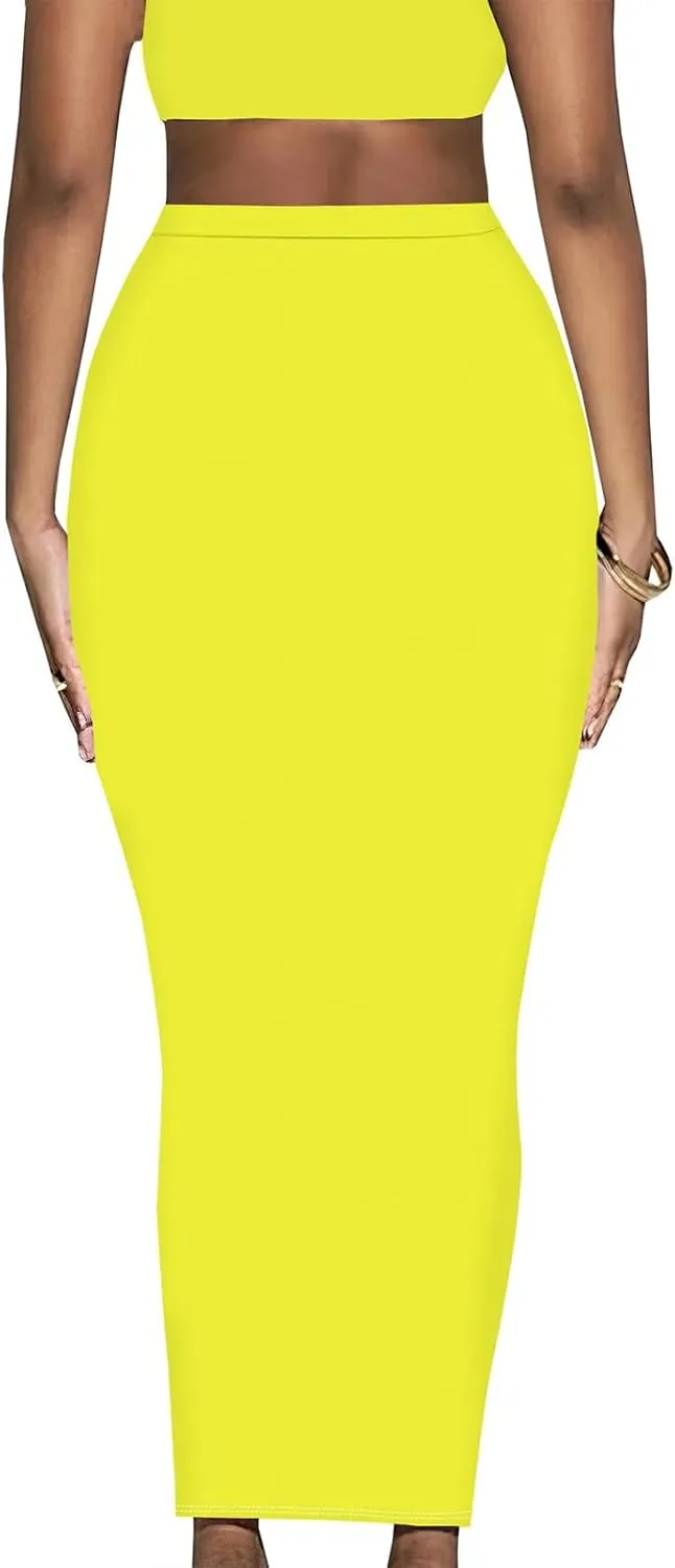 Yuopeid Women's Summer Bodycon High Waist Slim Fit Solid Color Casual Cocktail Club Party Pencil Long Maxi Skirts