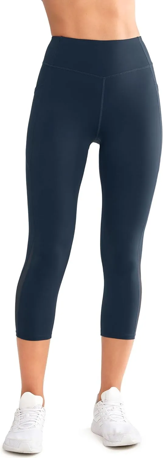 Yvette Capri Leggings with Pockets for Women High Waisted Mesh Yoga Pants Tummy Control Running Tights Workout Gym Fitness
