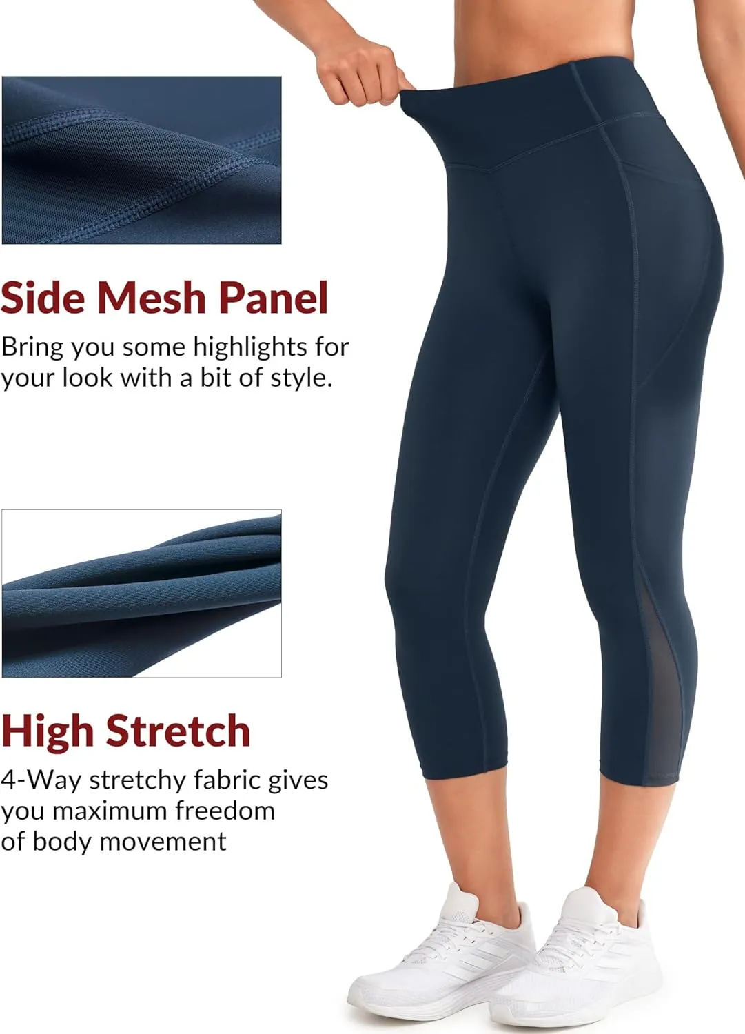 Yvette Capri Leggings with Pockets for Women High Waisted Mesh Yoga Pants Tummy Control Running Tights Workout Gym Fitness