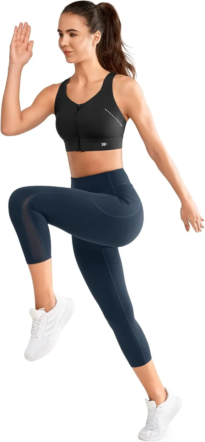 Yvette Capri Leggings with Pockets for Women High Waisted Mesh Yoga Pants Tummy Control Running Tights Workout Gym Fitness
