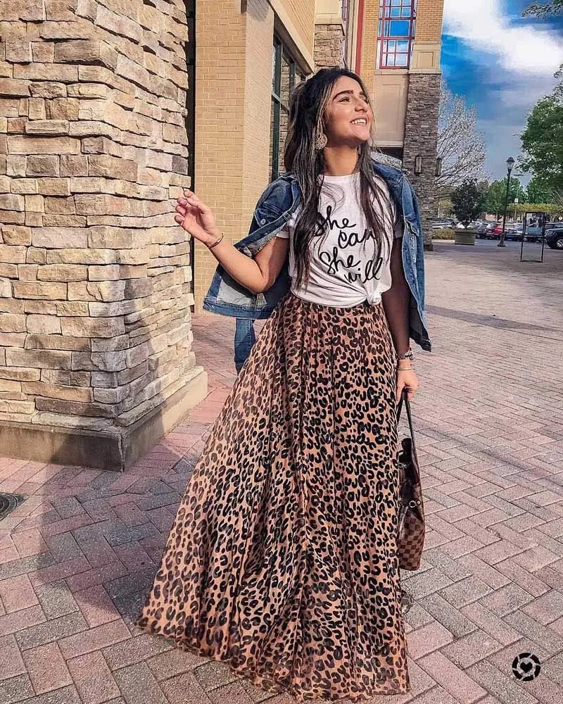 ZAKIA Women's Elastic Leopard Snake Print Maxi Long Skirt High Waisted Casual Pleated Short Dress