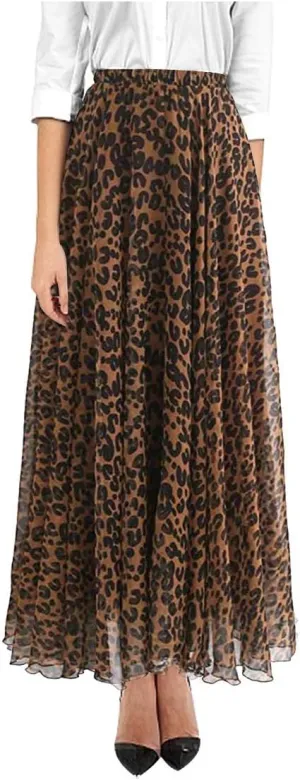 ZAKIA Women's Elastic Leopard Snake Print Maxi Long Skirt High Waisted Casual Pleated Short Dress