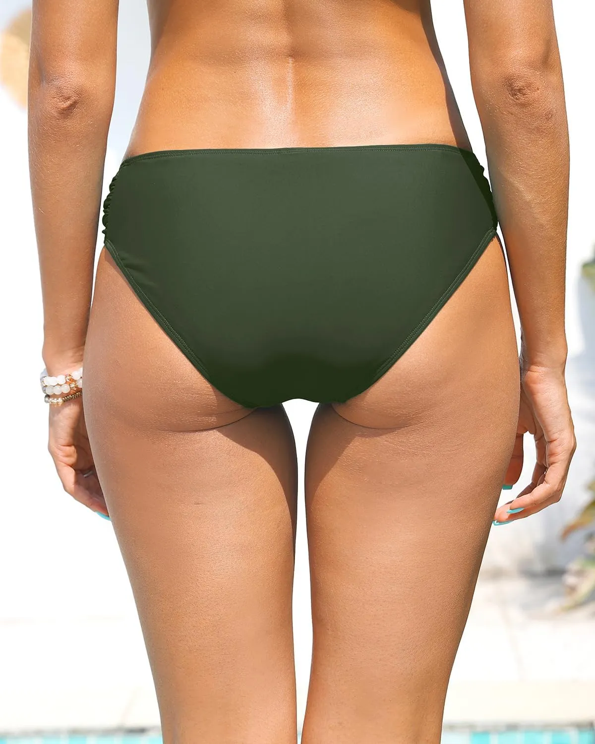 Zmart Women Low Rise Bikini Bottoms - Full Coverage Ruched Bathing Suit Swim Bottom Swimsuits Swimwear
