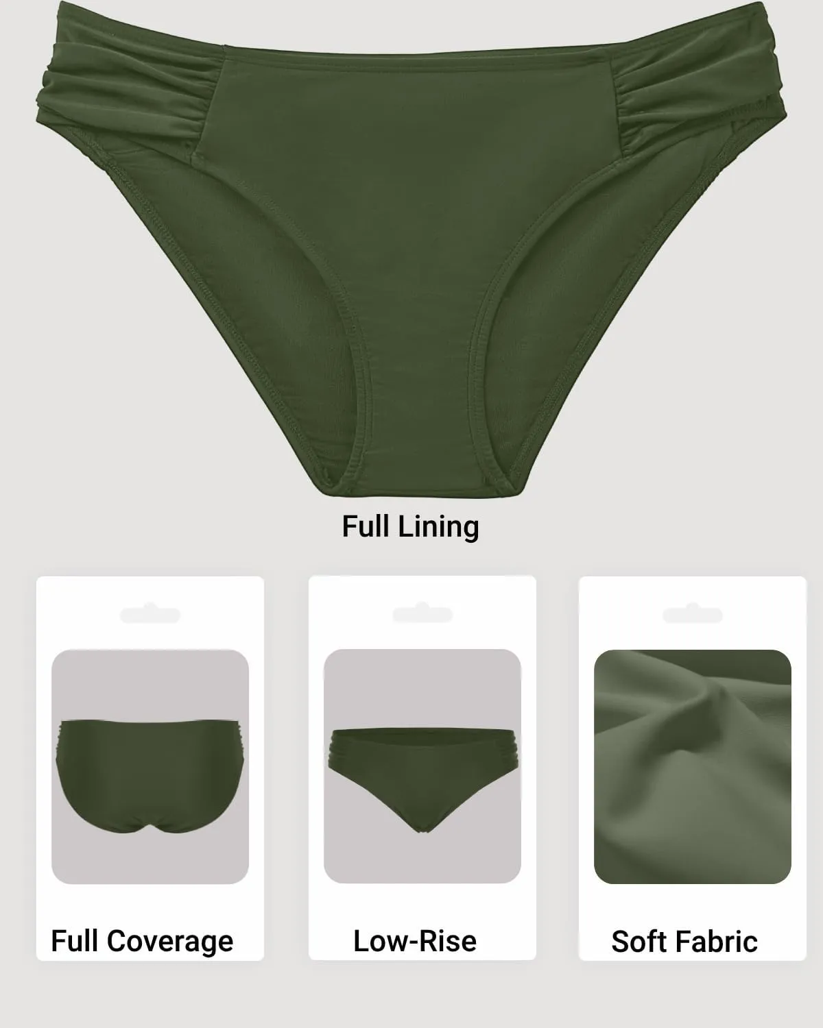 Zmart Women Low Rise Bikini Bottoms - Full Coverage Ruched Bathing Suit Swim Bottom Swimsuits Swimwear